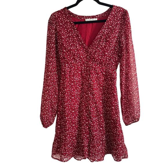 ABERCROMBIE & FITCH Dark Red Ditsy Floral Button V-Neck Tie-Back Dress - Sz S - Picture 1 of 5